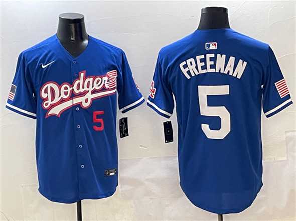 Men%27s Los Angeles Dodgers #5 Freddie Freeman Royal With American Flag Patch Limited Stitched Jersey
